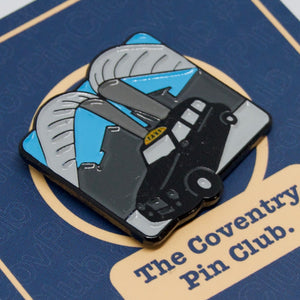 Etch and Pin Whittle Arch Taxi Coventry pin badge card