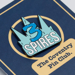 Etch and Pin Three Spires Coventry pin badge on card
