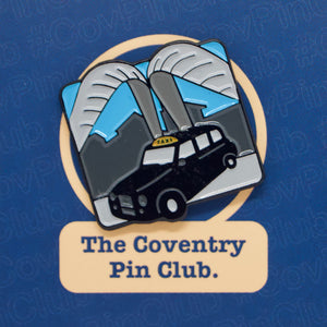 Etch and Pin Whittle Arch Taxi Coventry pin badge front